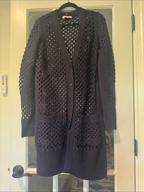 Dorothee Schumacher navy Open-Knit Long Cardigan with Front Pockets